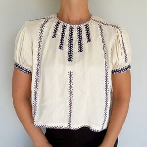 Carolina K Wonder white embroidered stitch short puff sleeve cupro blouse XS